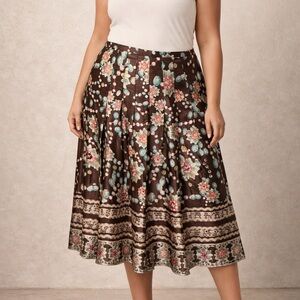 Chic Floral A-Line Skirt in Brown 100% Silk